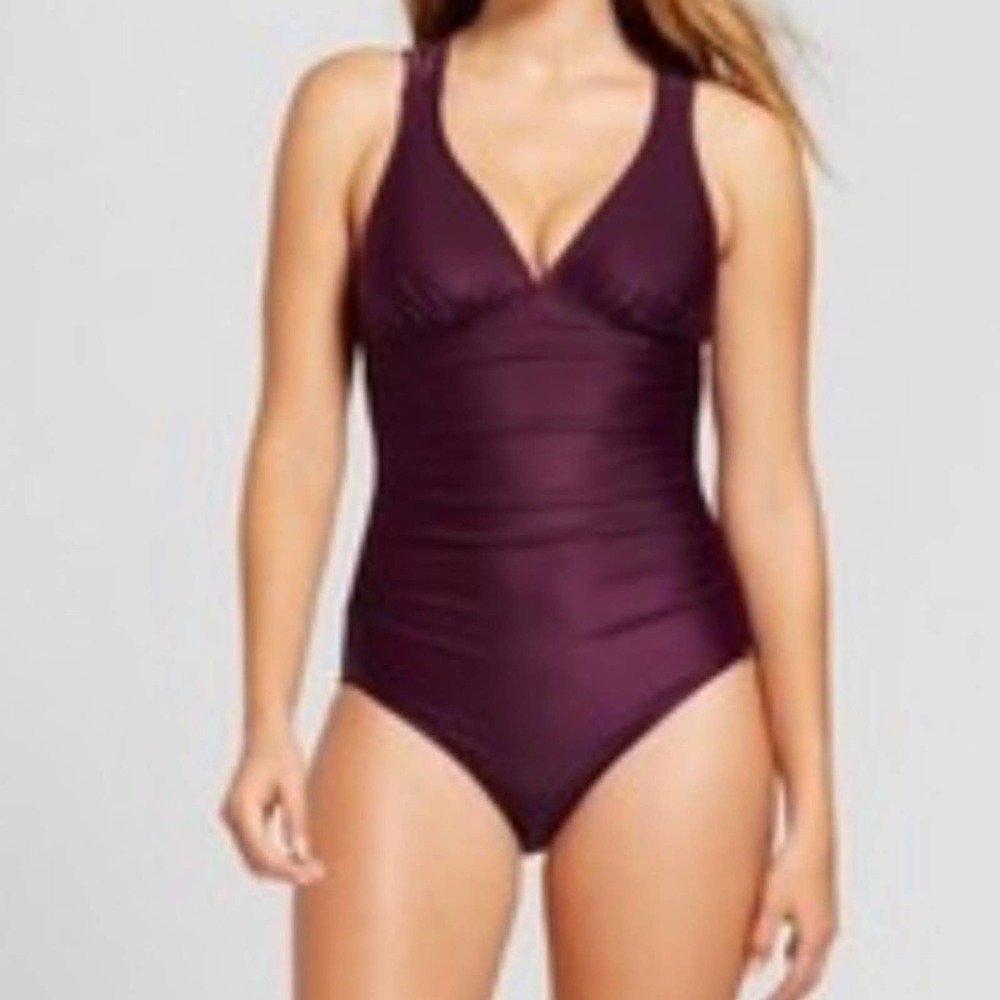 Merona Women's Plum Shirred Front Strappy Cross Back One Piece Swimsuit sz S